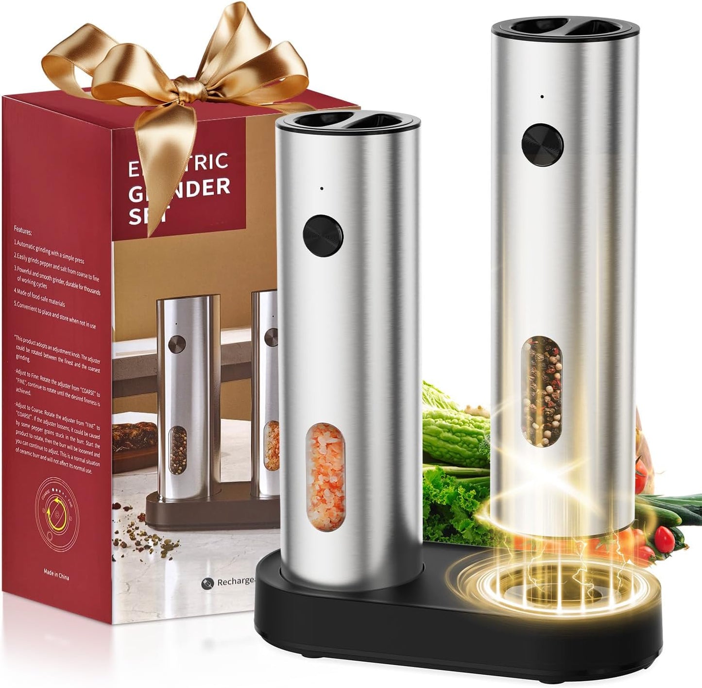 Electric Salt and Pepper Grinder Set with Rechargeable Base