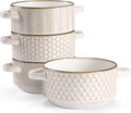 KooK Ceramic Soup Bowls with Handles, Embossed Ivory - Set of 4
