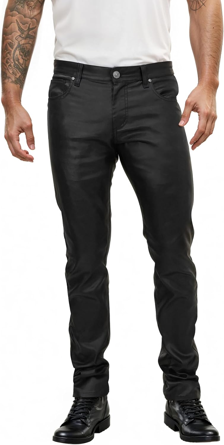 ETHANOL Mens Slim Fit Stretch Faux Leather Pants for Style