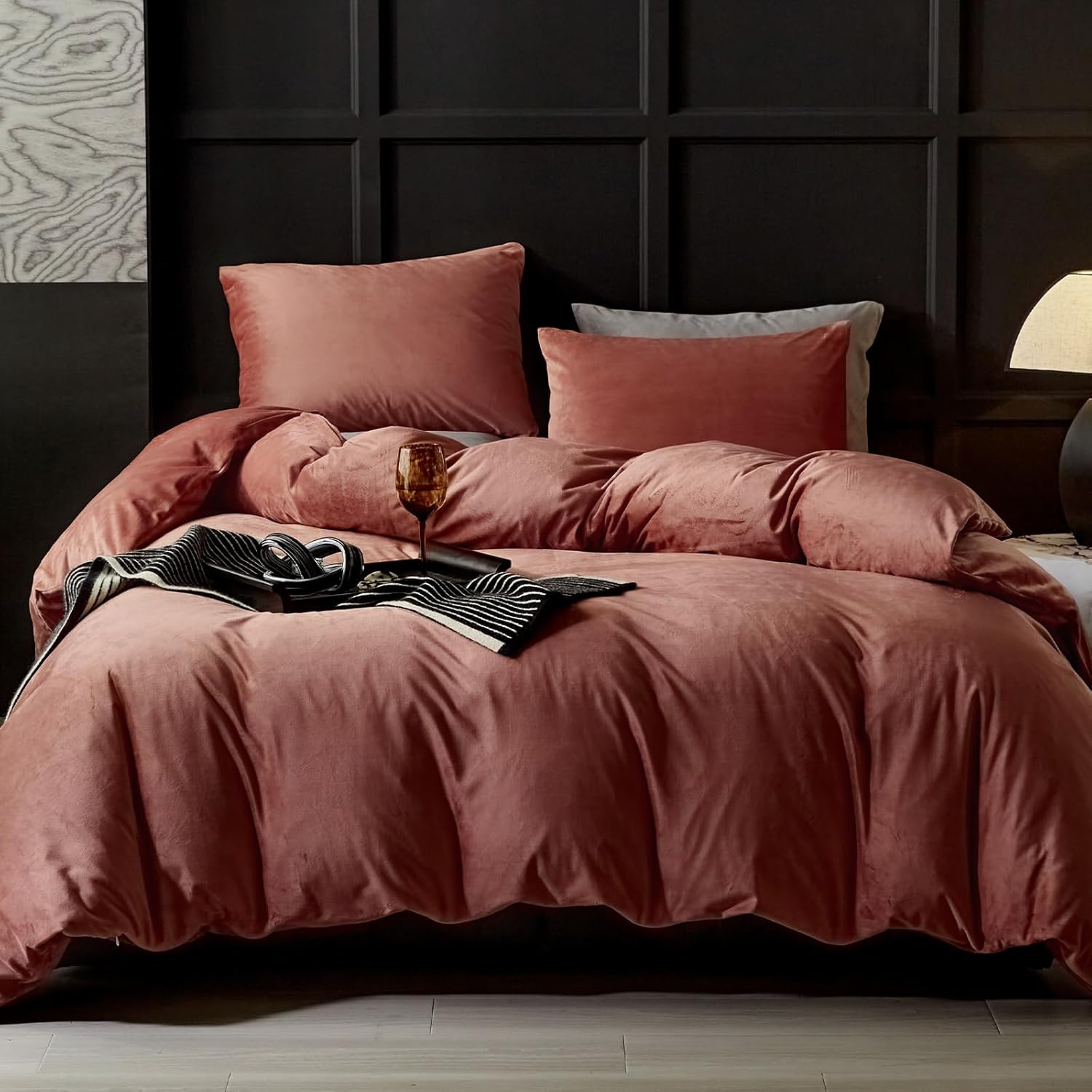 Ultra Soft Blush Pink Velvet Duvet Cover Set for King Size Bed