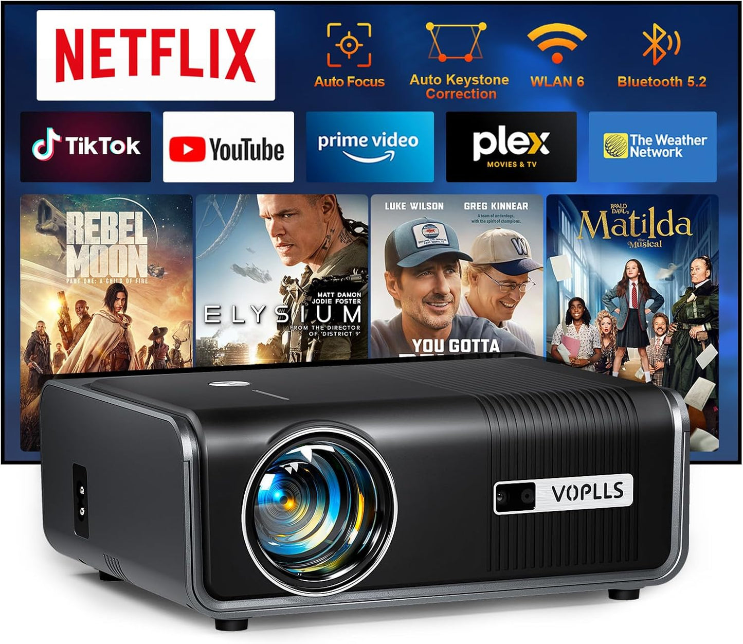 VOPLLS Smart Projector: Official Netflix, WiFi, 1080P Native, Bluetooth