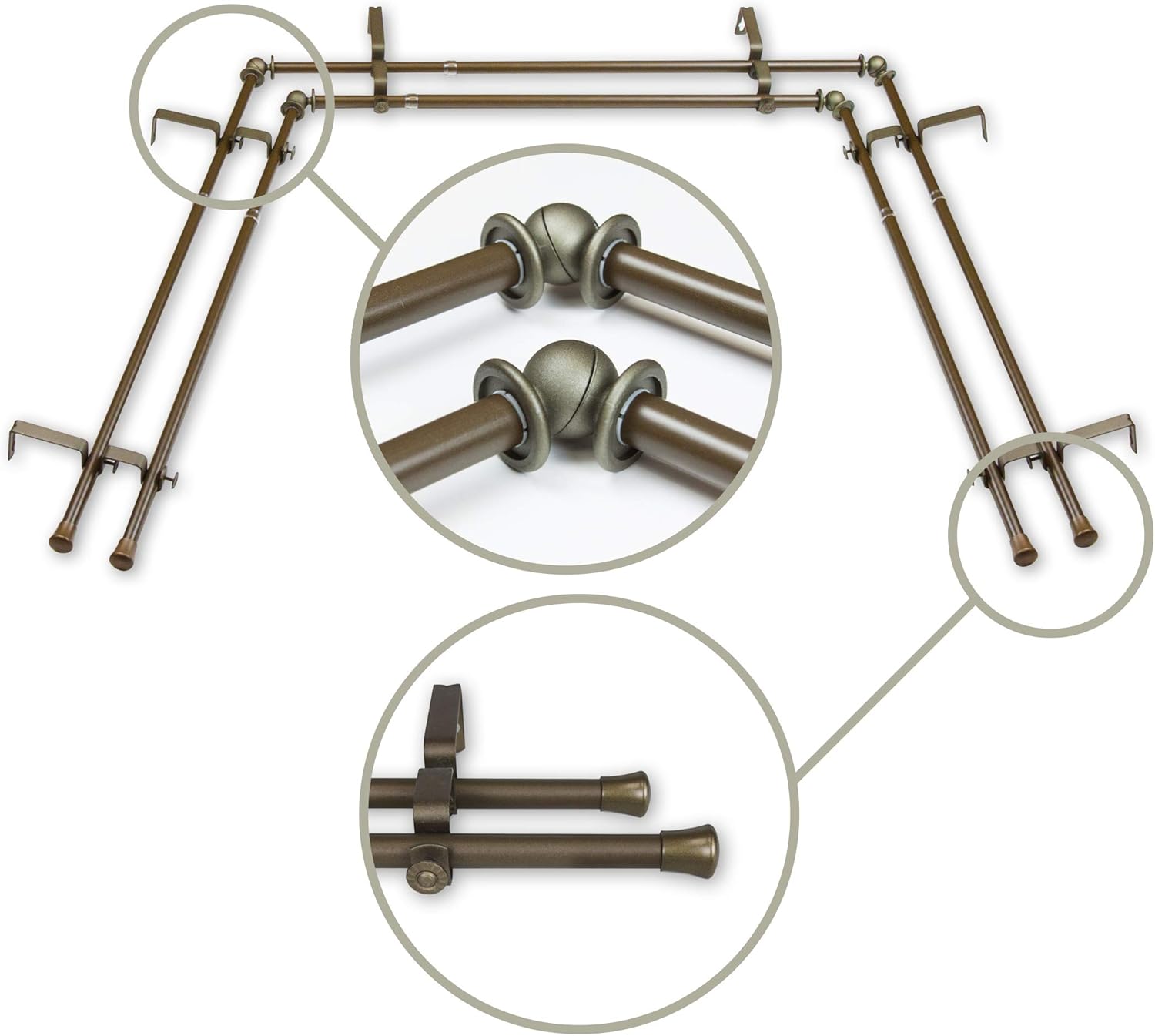 Adjustable Double Bay Curtain Rod - Elegant Antique Gold Finish