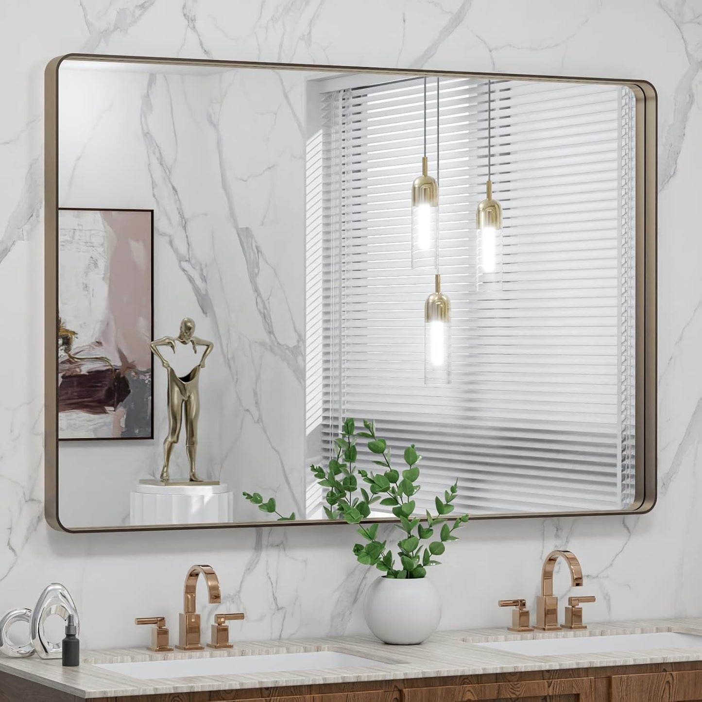 48X32 Bronze Bathroom Mirror with Rounded Rectangle Design
