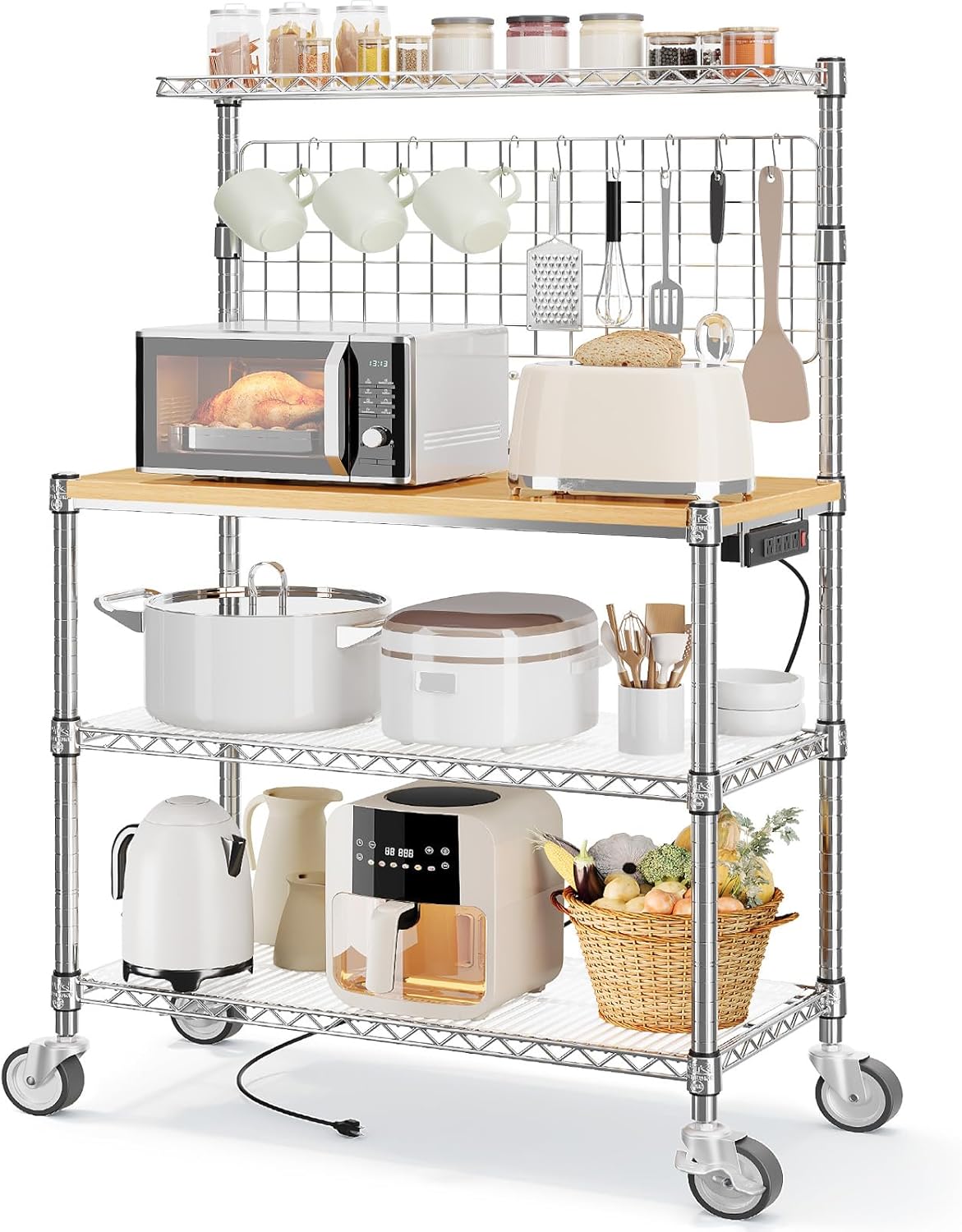 Leteuke Kitchen Cart with Power Outlet & Storage