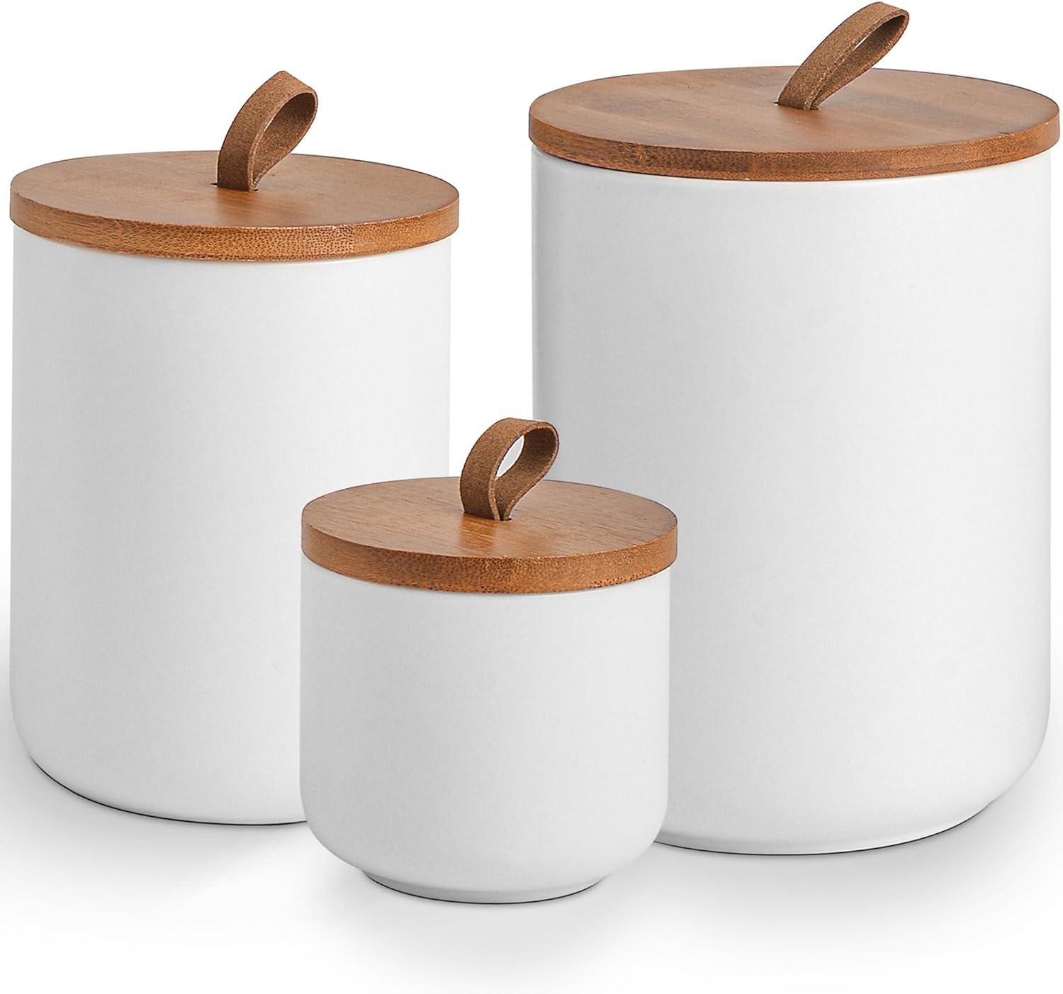 White Ceramic Canister Set with Bamboo Lids for Food Storage