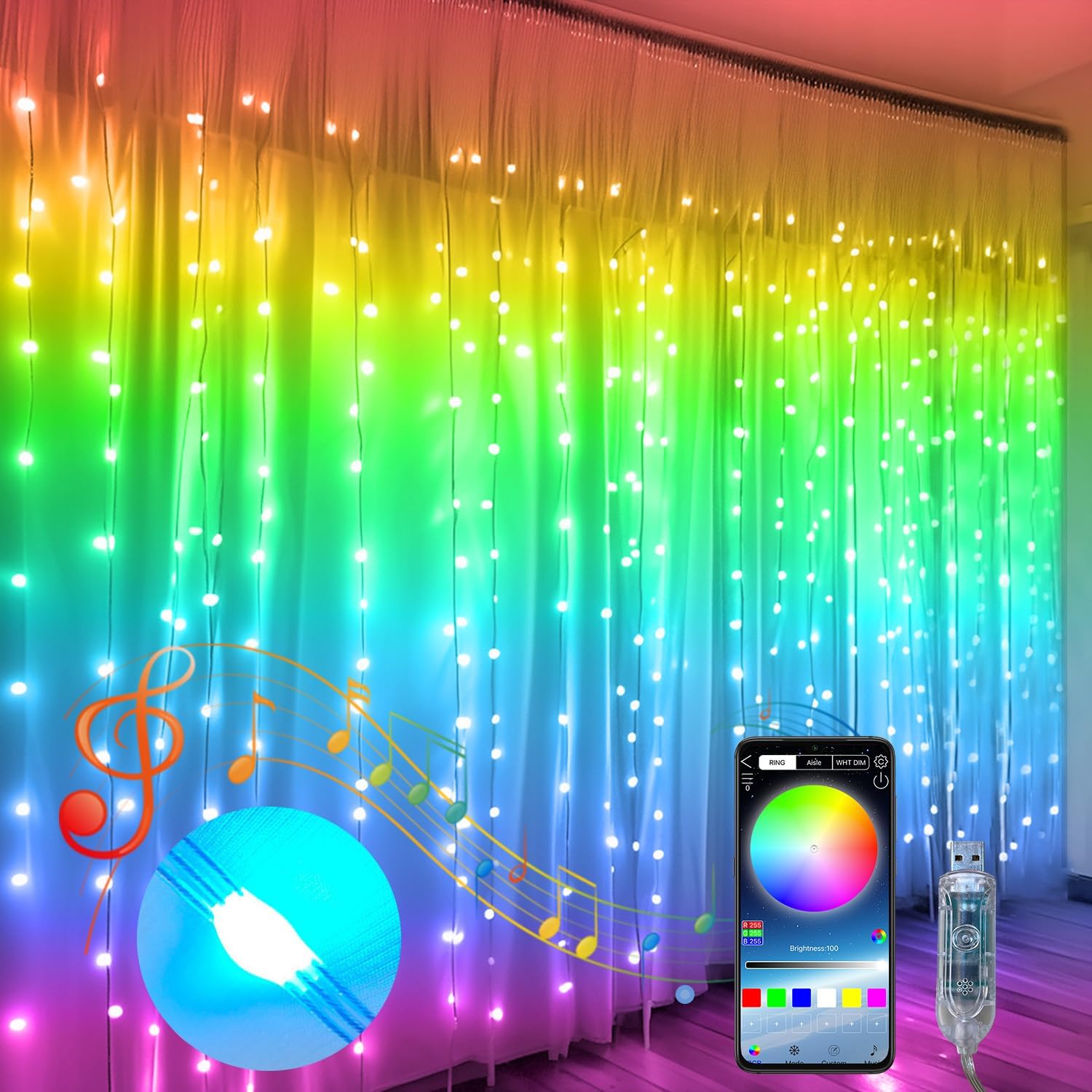 QINER 300 LED Smart Curtain Lights - APP Control, Multiple Modes - Perfect for Bedroom, Weddings, Parties