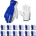 12 Pairs Bulk Leather Work Gloves for Men or Women - Durable Cowhide