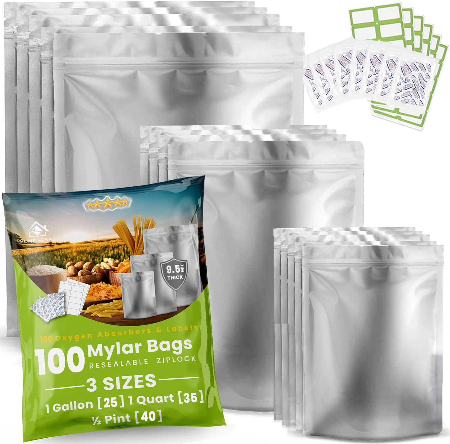 100pcs Mylar Bags for Food Storage - Extra Thick 10 Mil Pouches