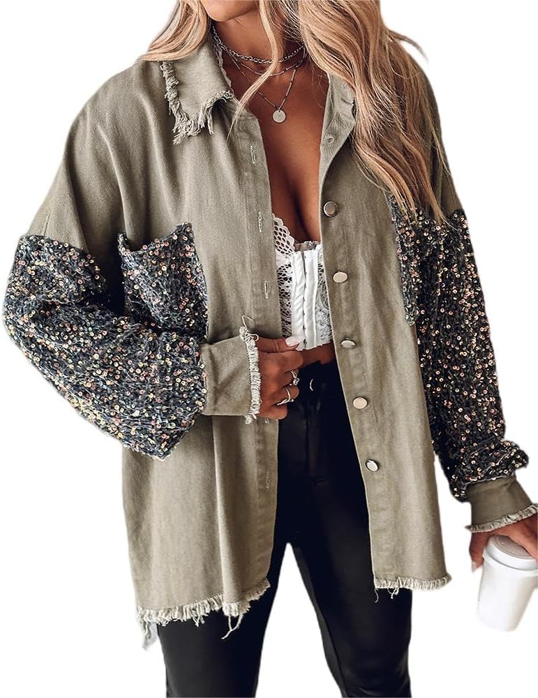 Oversized Sequin Patchwork Denim Shacket for Women 2025