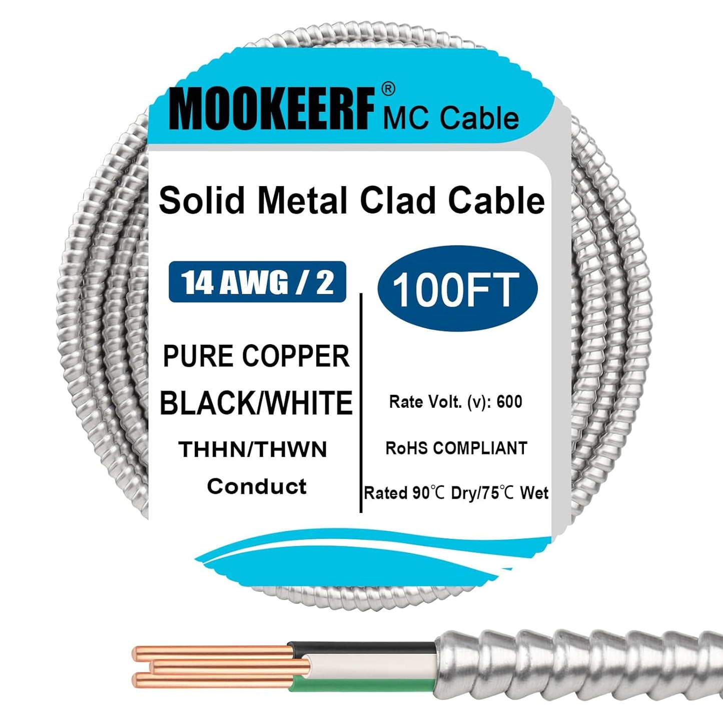14/2 MC Cable with Ground - 100FT Pure Copper 14AWG/2 Wire