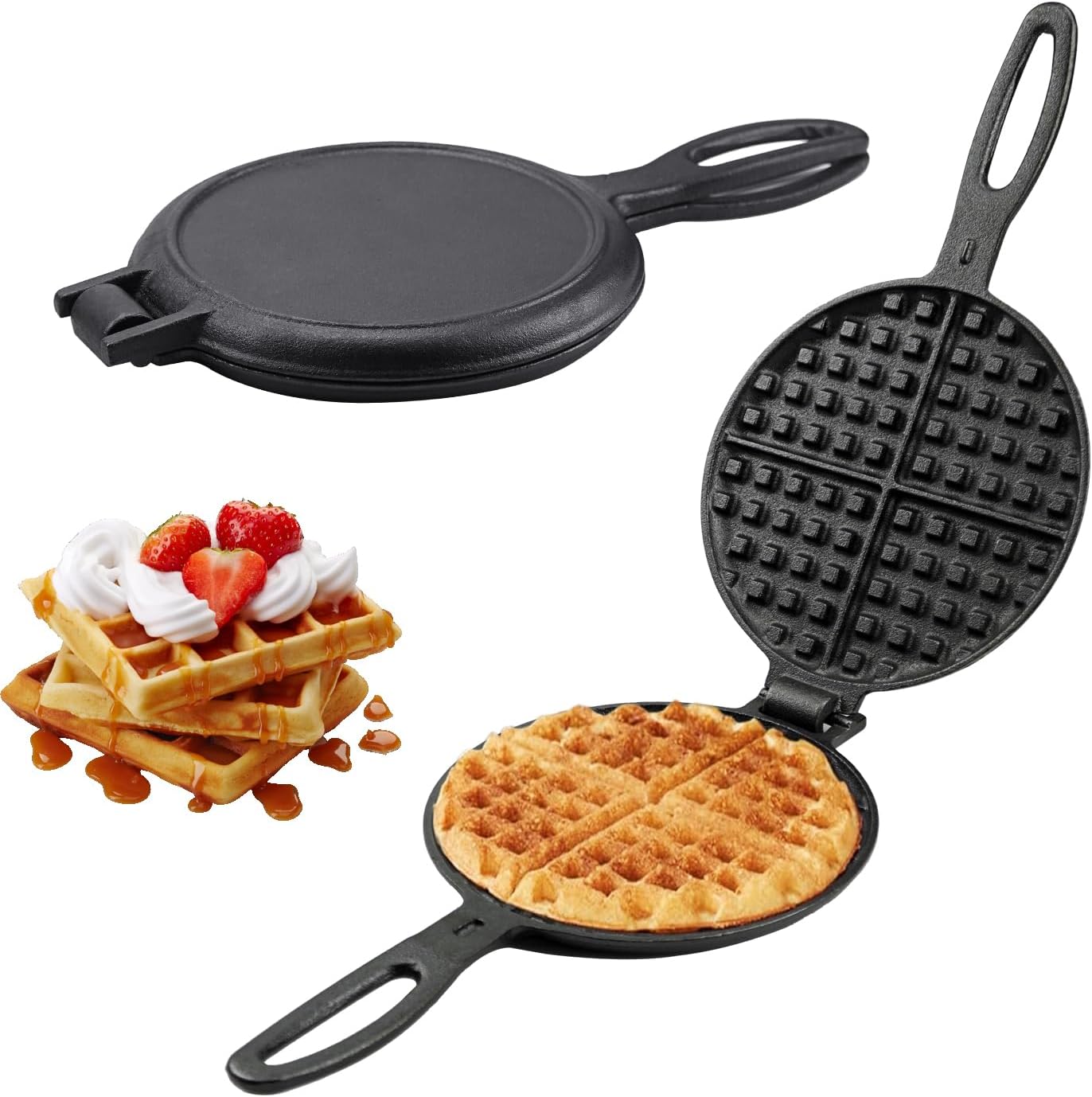 Non-Electric Cast Iron Waffle Iron Set - Make Perfect 7 Round Waffles on Stovetop or Grill!
