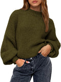 BTFBM Sweaters for Women Fall 2025 Crew Neck Lantern Sleeve - Cozy