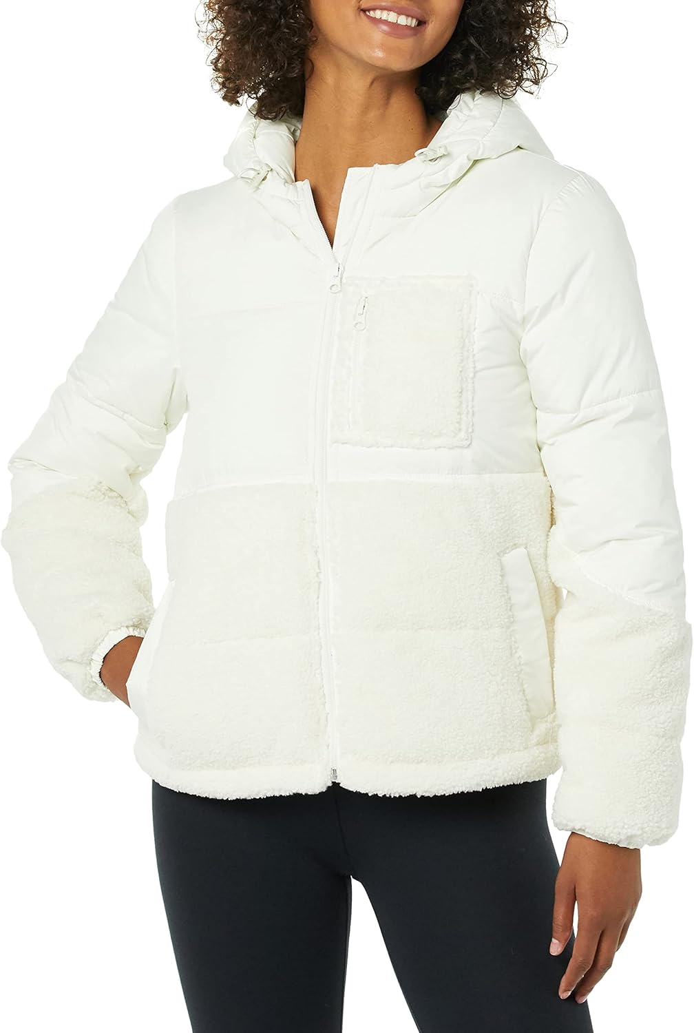Full-Zip Sherpa Fleece Hooded Puffer Jacket for Women