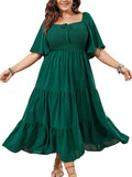 SCOMCHIC Women's Plus Size Flowy Maxi Dress Square Neck - Smocked Fit