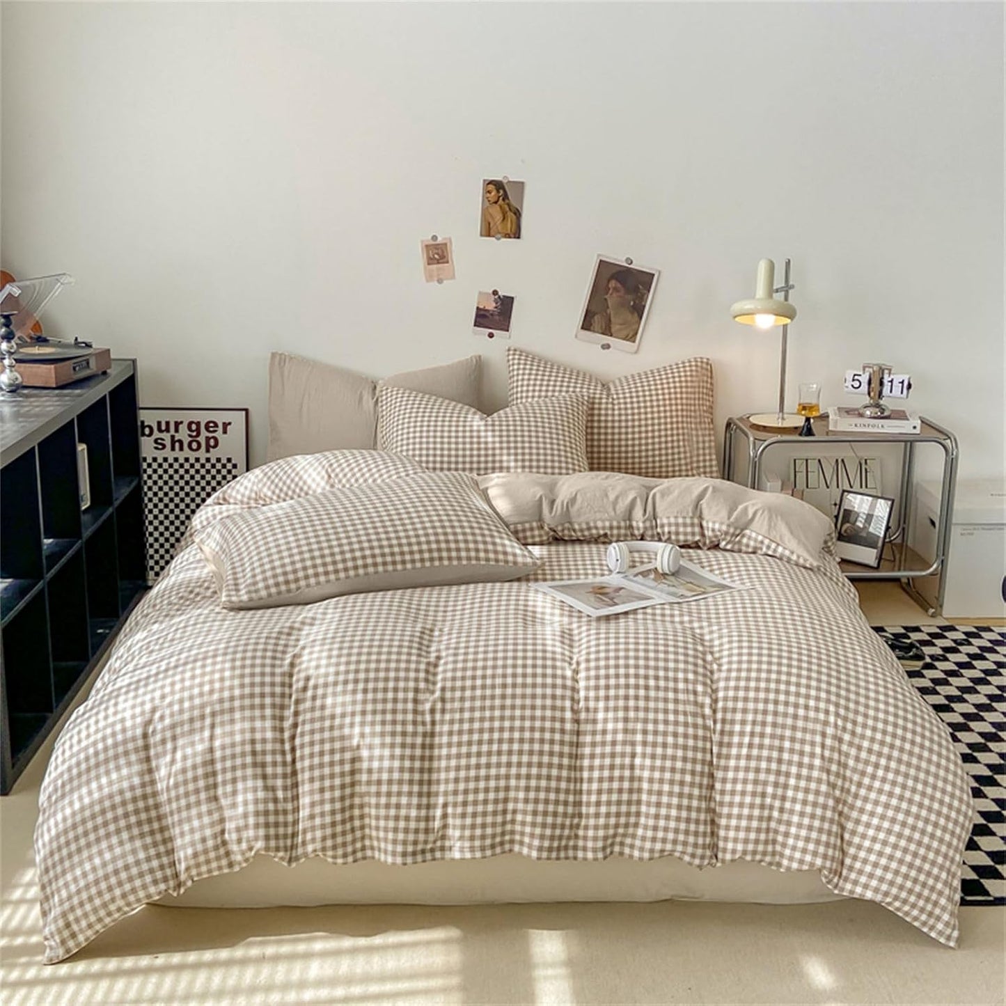 Gingham Duvet Cover Set Full Size Brown Tan Plaid Checkered