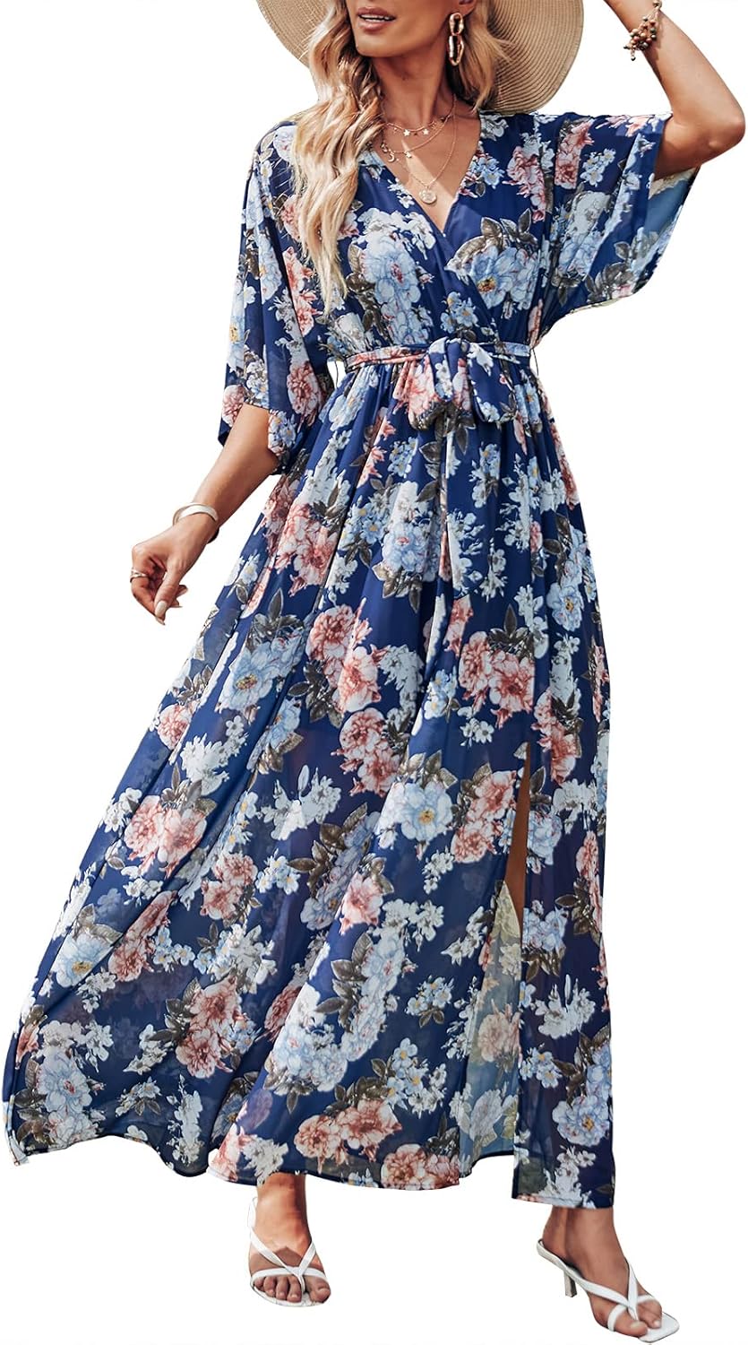 Womens Summer Loose Boho Flowy Wrap V Neck Maxi Dresses