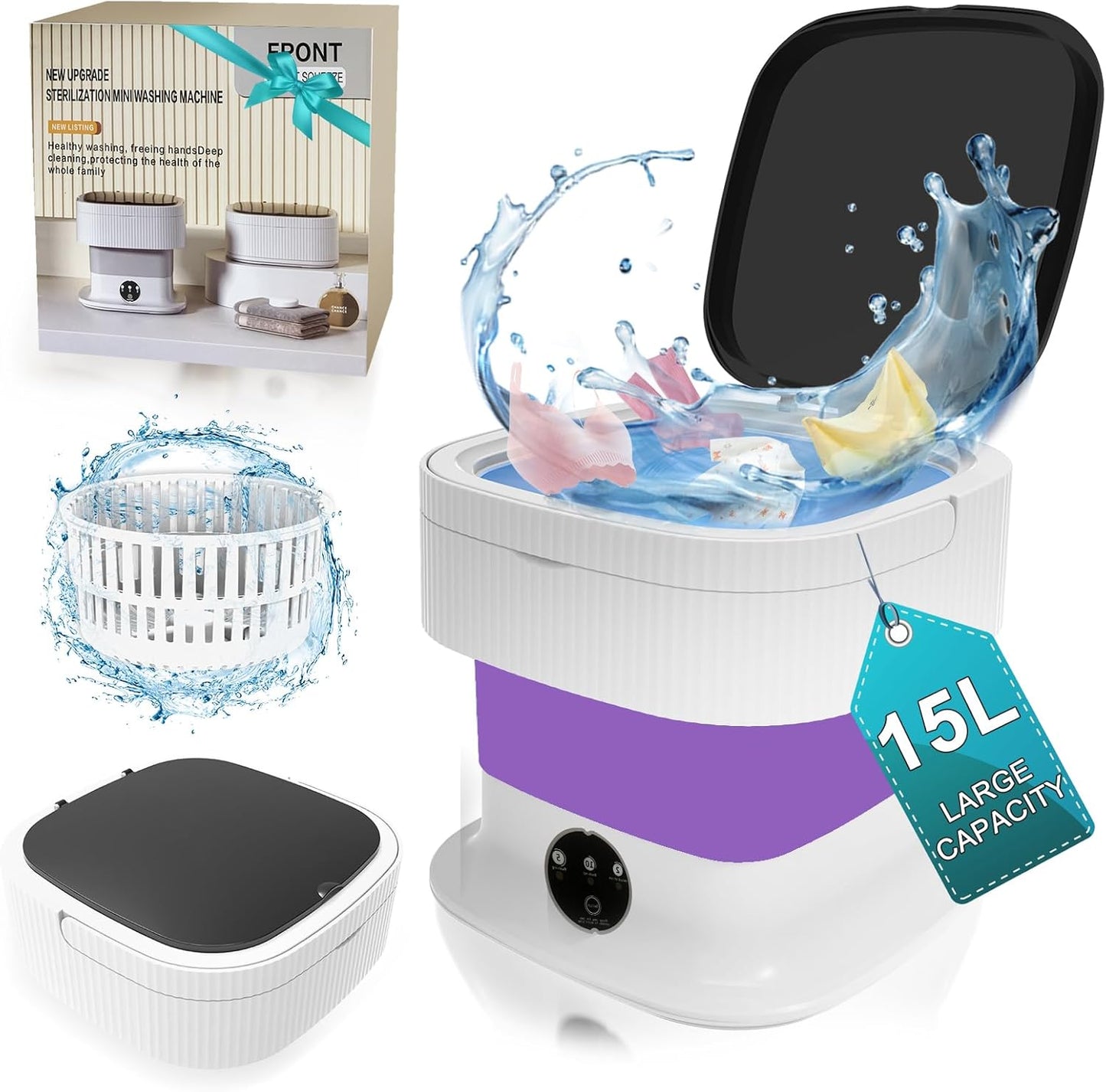 Foldable Mini Washer: 15L Portable Spin Dryer ~ Purple