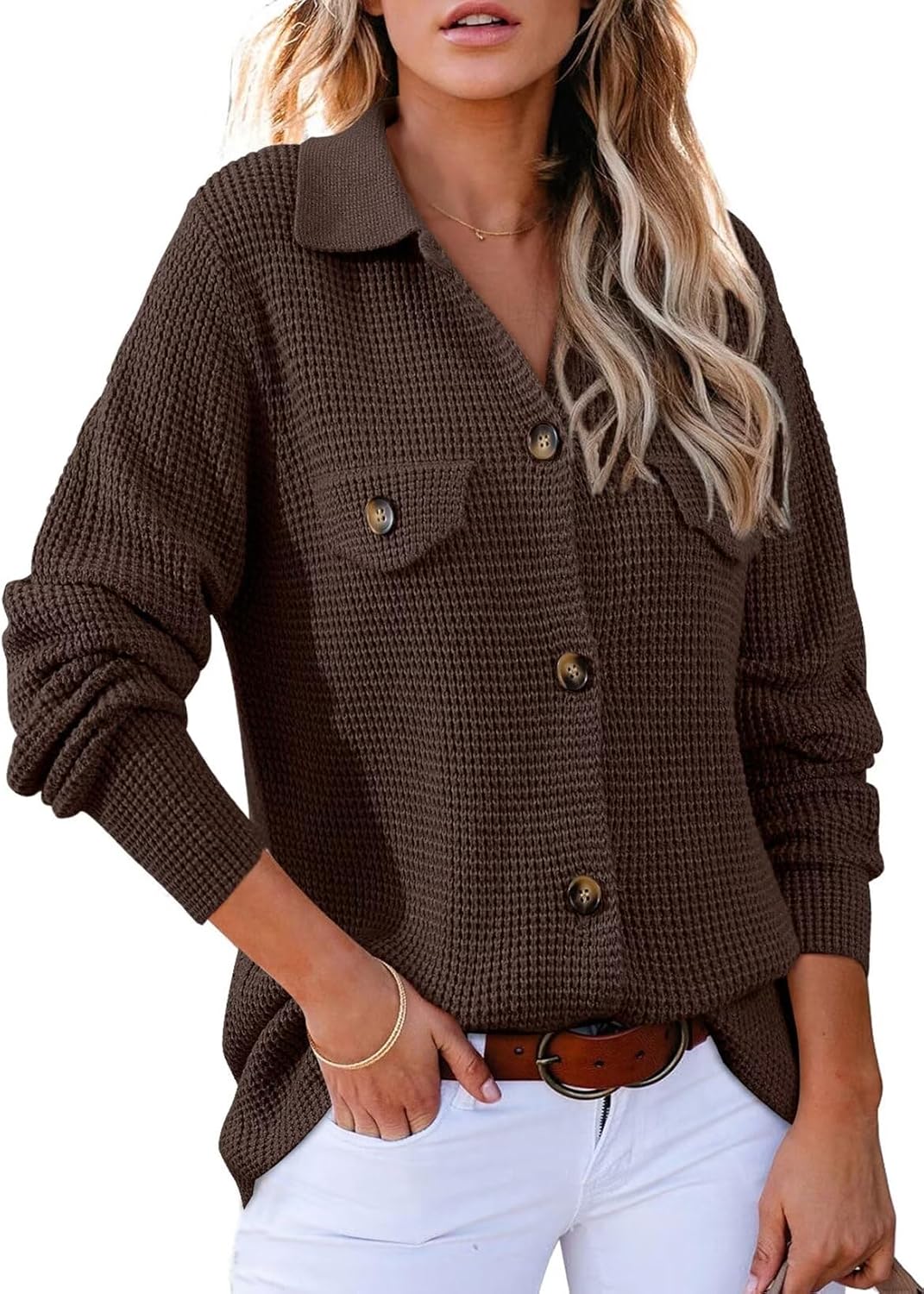 Astylish Women Waffle Knit Sweater Shacket for Fall Outfits