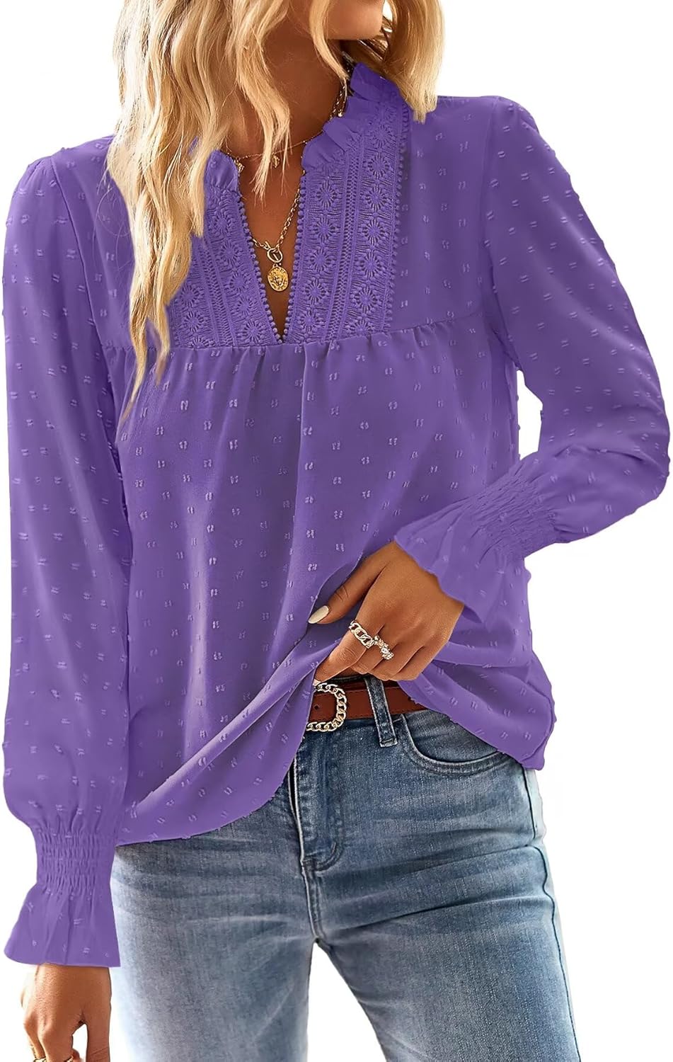 Boho Tops for Women V Neck Blouses Flowy Swiss Dot Style