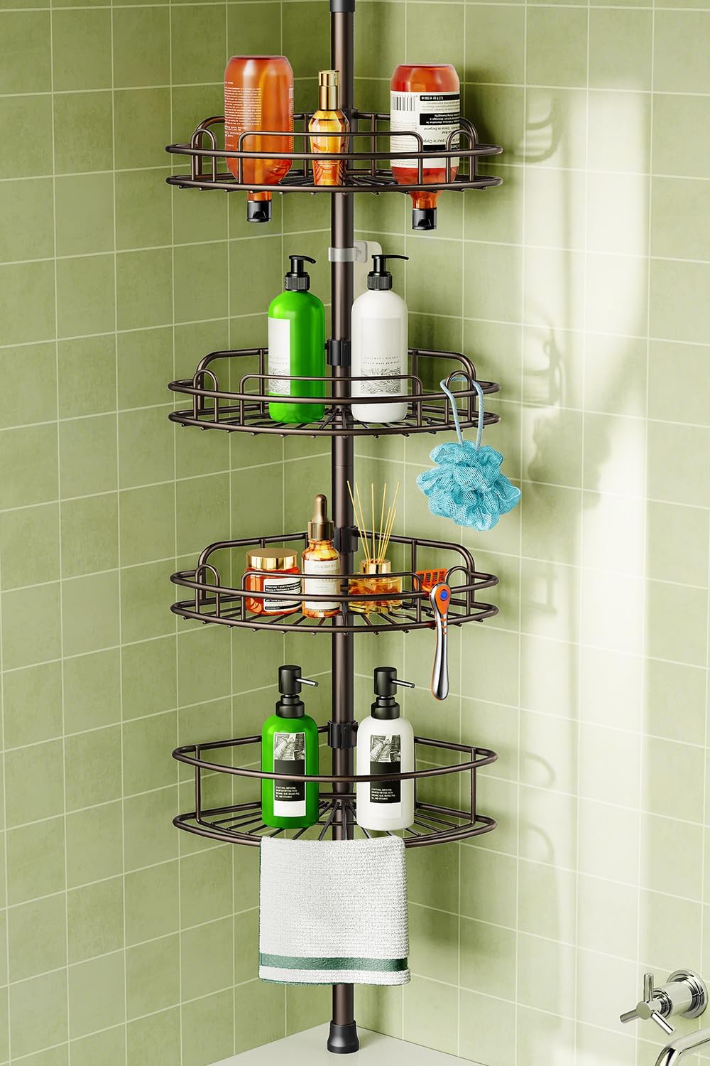HAMITOR Corner Shower Caddy Tension Pole for Space-Saving Storage
