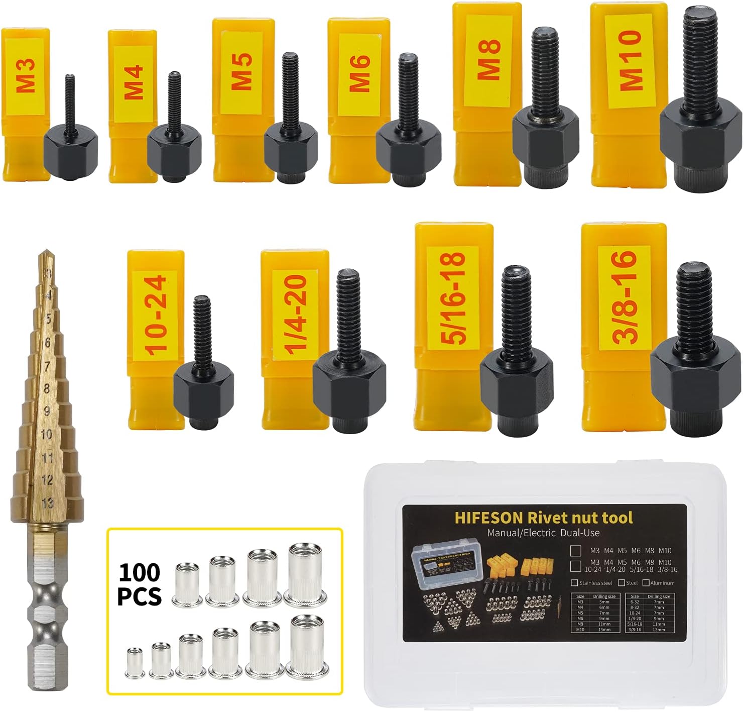 HIFESON Rivet Nut Tool for Metric and SAE with Step Drill Accessory