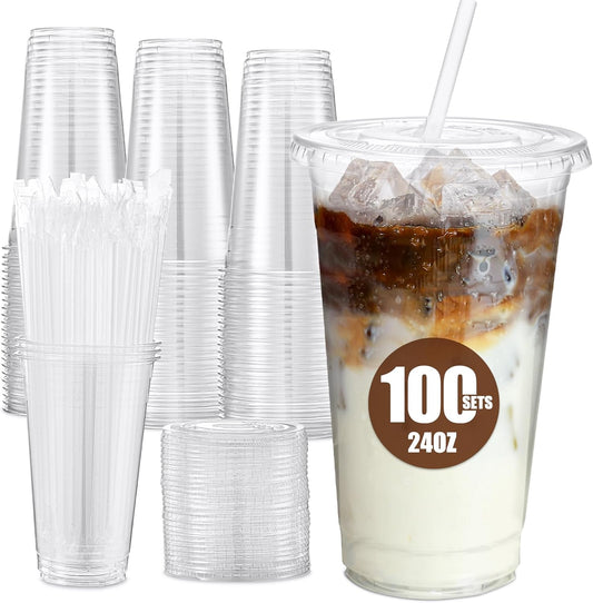 24oz Disposable Clear Plastic Cups with Lids and Straws - 100 Pack