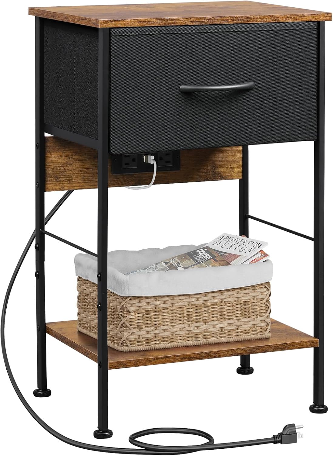 WLIVE Nightstand with Charging Station and Fabric Drawer