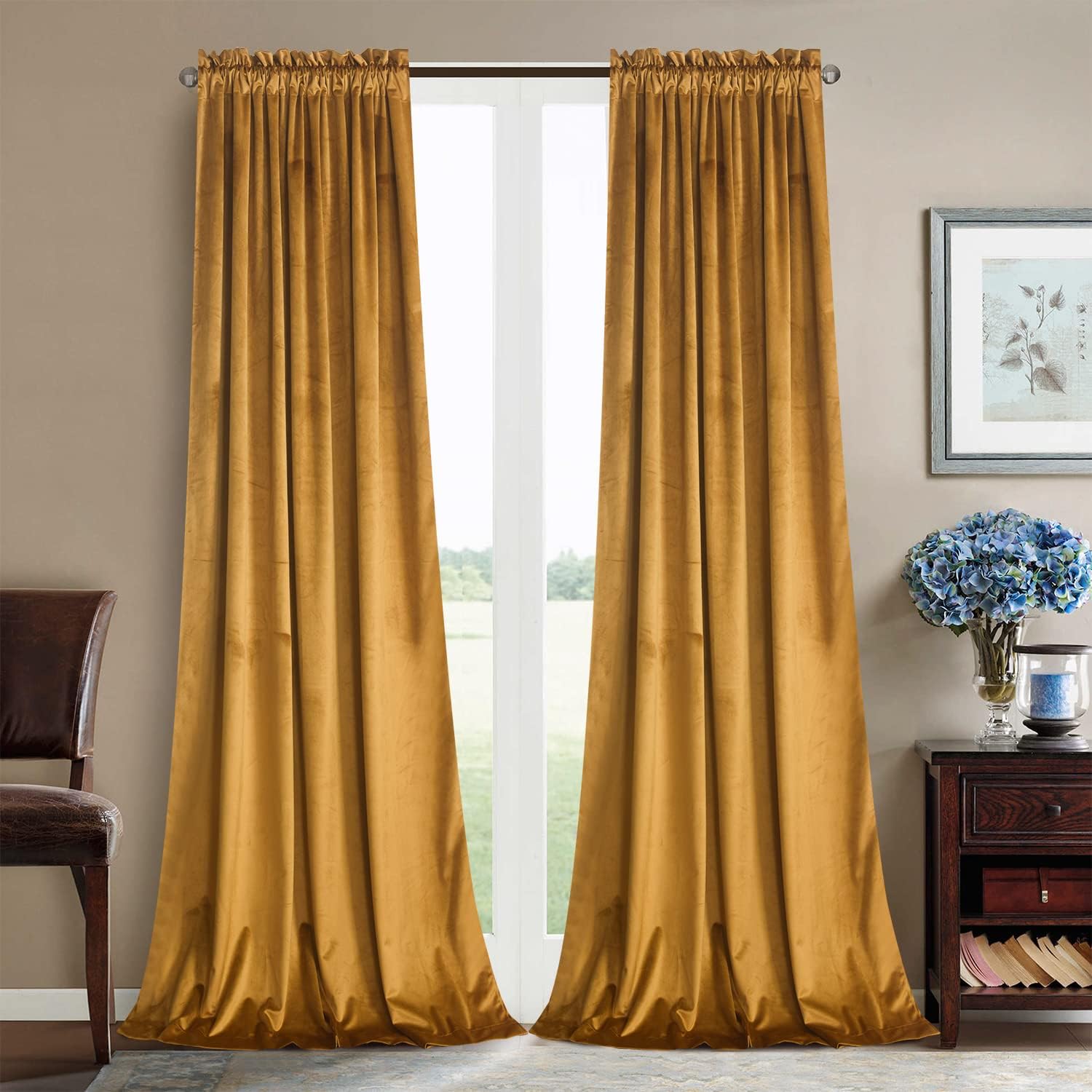 Roslynwood Mustard Velvet Curtains for Bedroom and Living Room