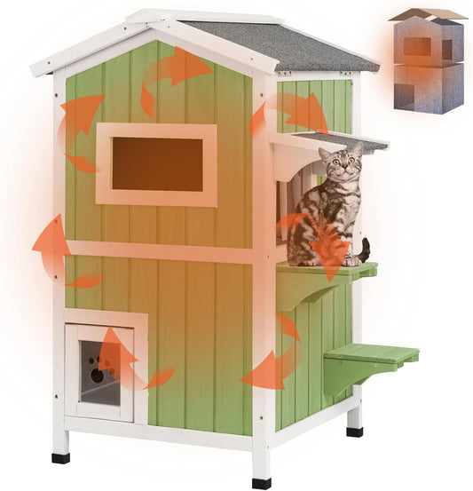 Insulated Cat House Outdoor Shelter for Winter with Escape Doors