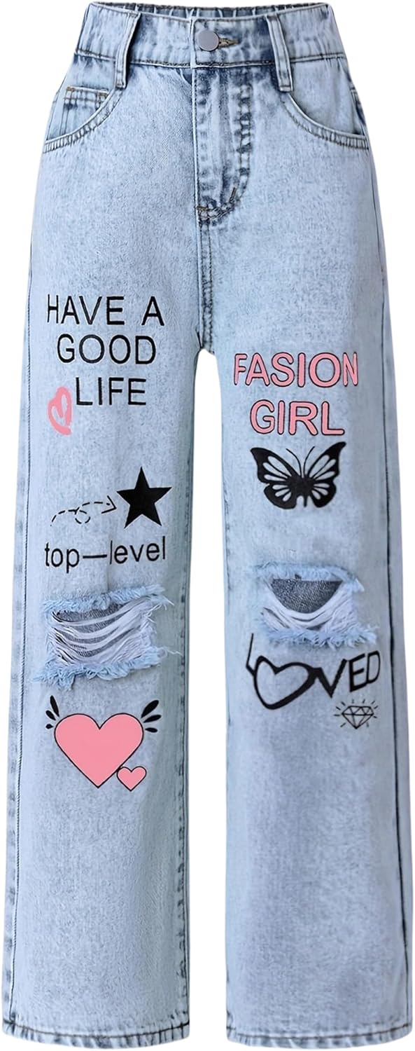 Baggy Jeans for Girls Wide Leg Ripped High Elastic Waist