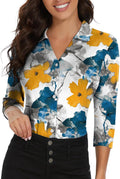Soneven Womens Golf Polo 3/4 Sleeve V Neck Button Down - Sun