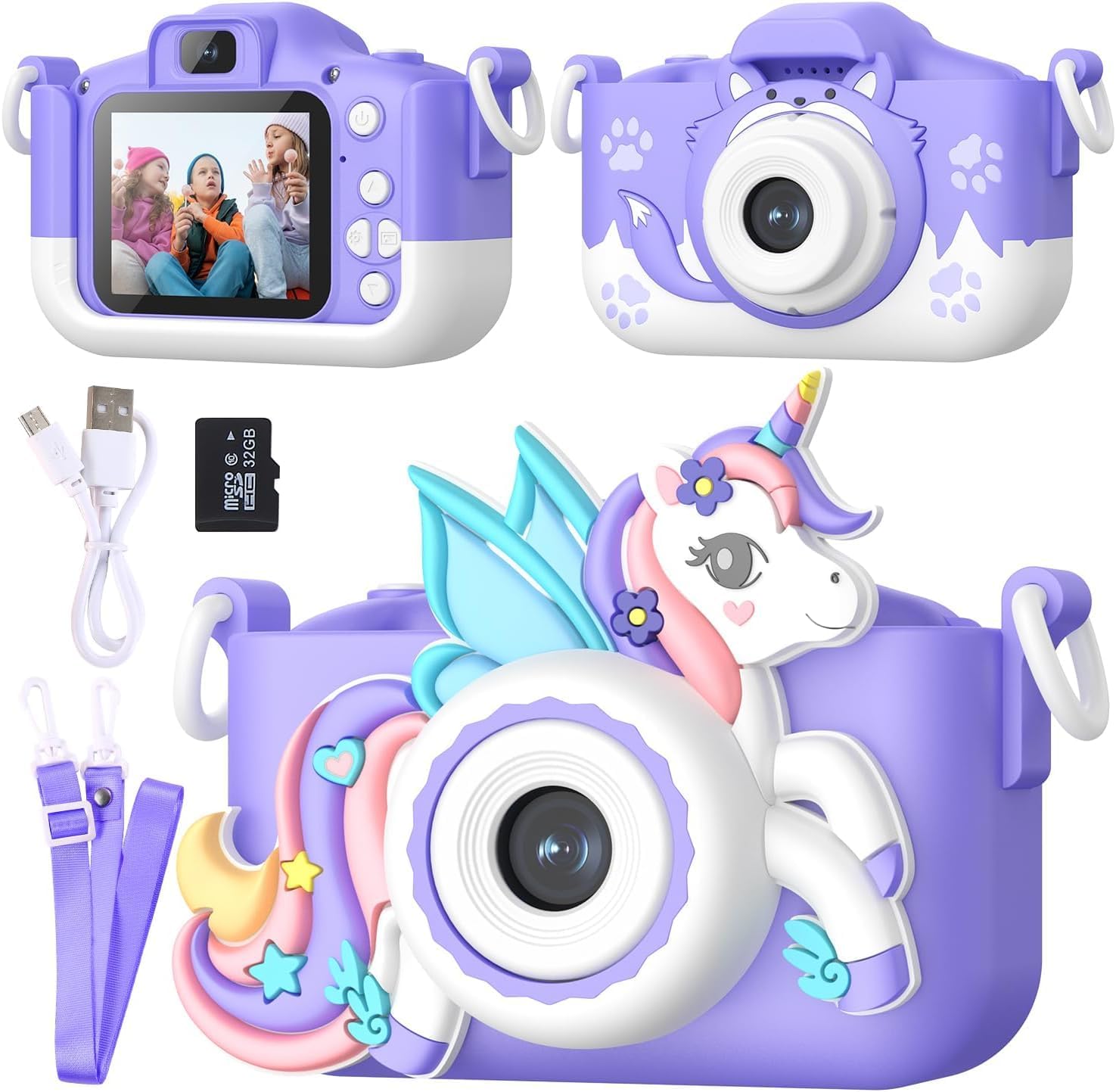 Capture Joy: Kids Digital Camera Set - 2 Cartoon Covers, 32G SD Card - Purple