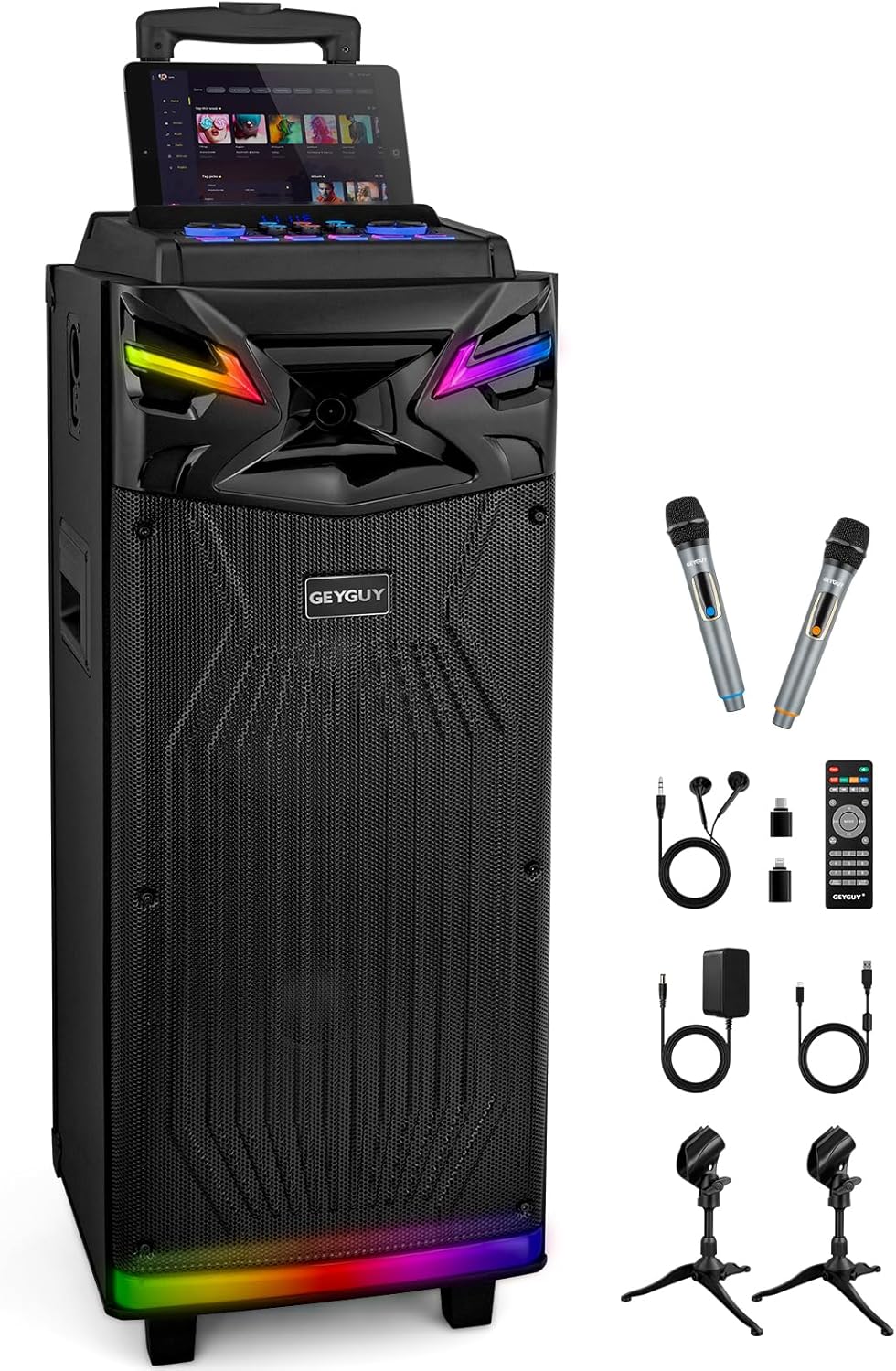 GEYGUY Karaoke Machine: Pro Bluetooth Speaker, 2 Mics, DJ Lights
