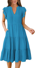Womens Ruffle Sleeve V Neck Midi Dress - Flowy Tiered Boho
