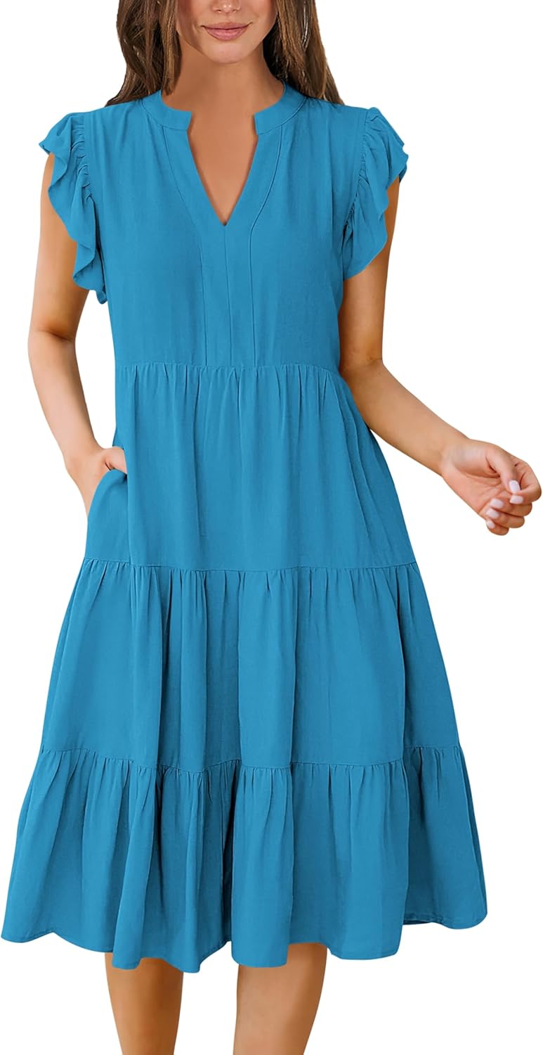 ANRABESS Womens Summer Dress Ruffle Sleeve V Neck Midi Style