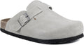 Women's Suede Clogs with Adjustable Buckle - Cork Footbed Comfort