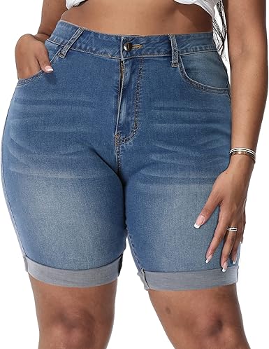 ALLEGRACE Plus Size Denim Shorts for Women High Waisted Style