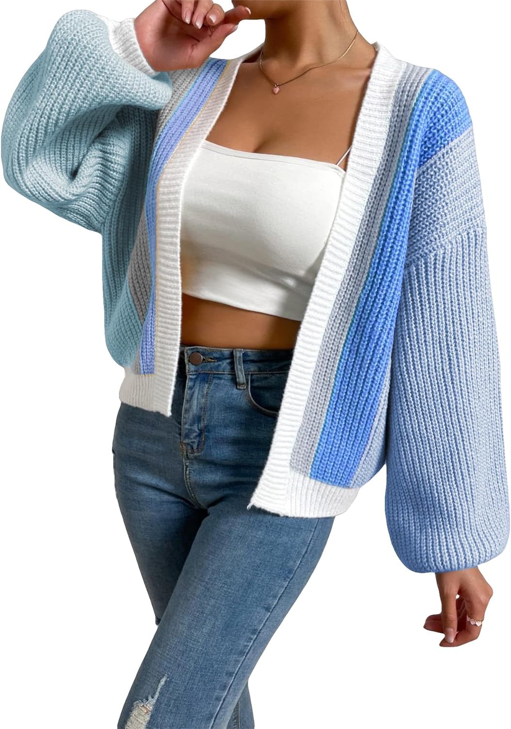 SHENHE Women's Color Block Open Front Long Sleeve Cardigan