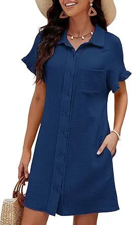 Luvamia Womens Beach Cover Up Dress with Ruffle Sleeves and Pockets