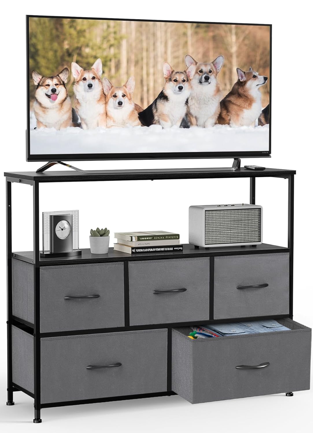 DUMOS TV Stand Dresser with 5 Fabric Drawers for Storage