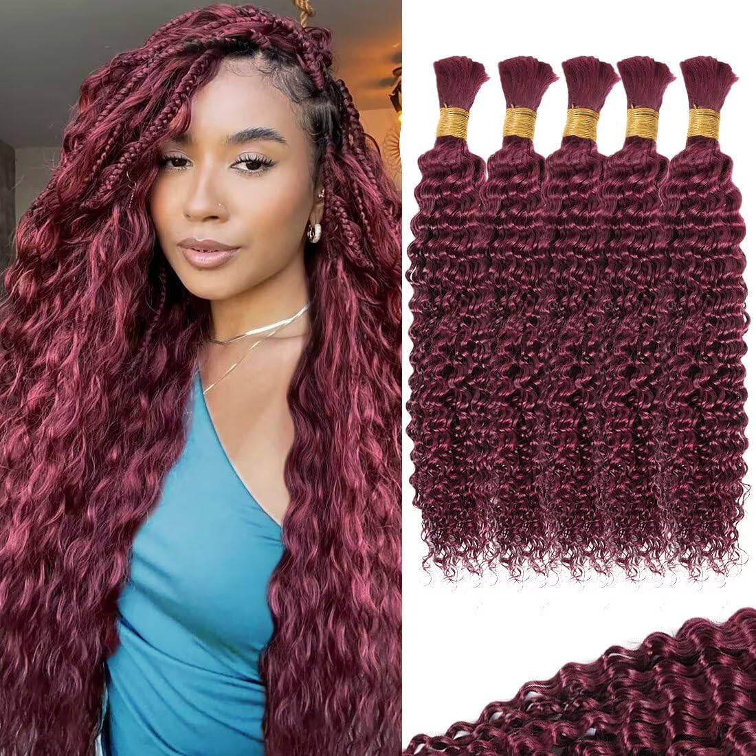 Burgundy Human Braiding Hair for Boho Braids 16 Inch Curly