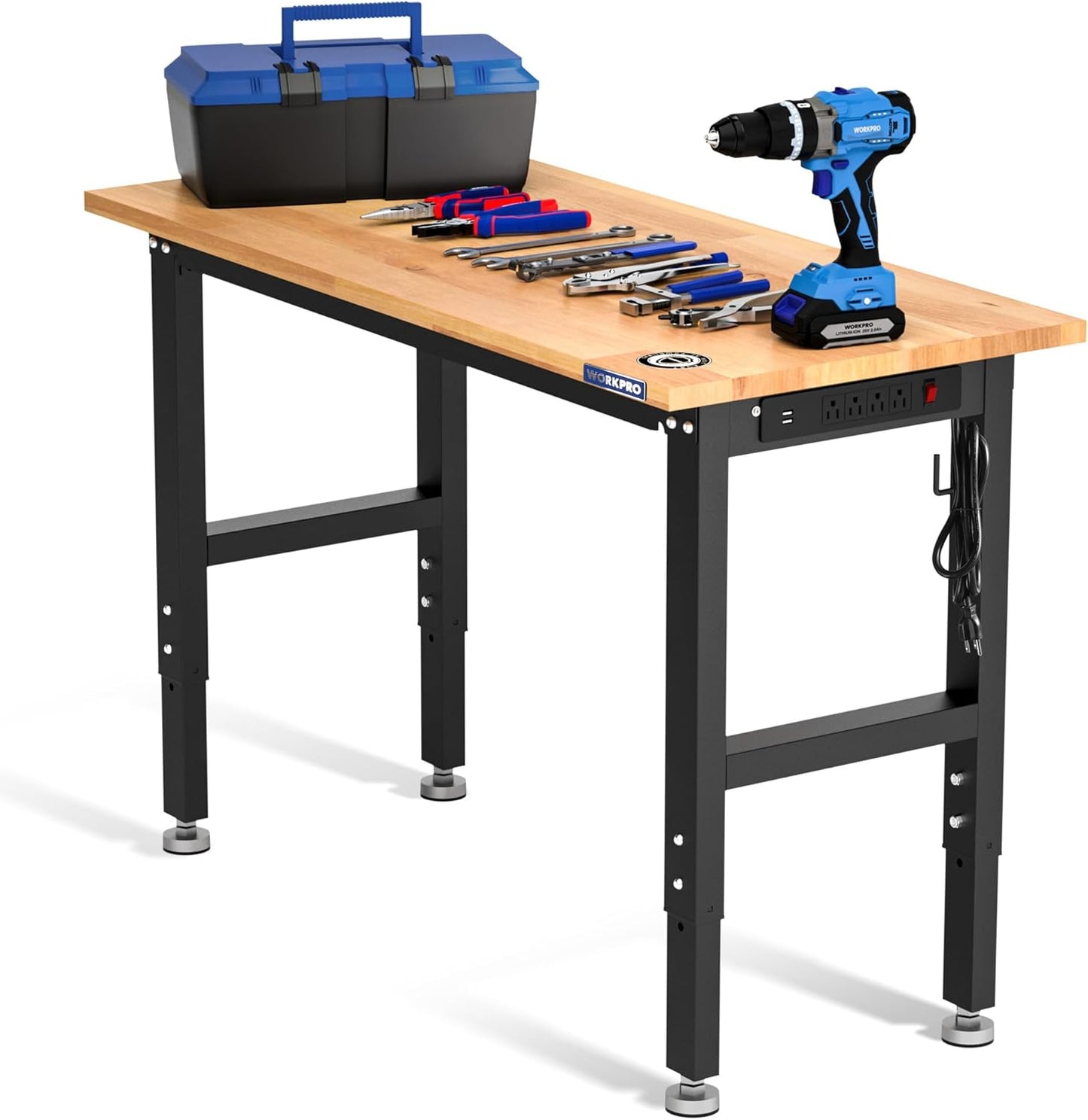 Heavy-Duty Adjustable Garage Workbench with Rubber Wood Top 48in