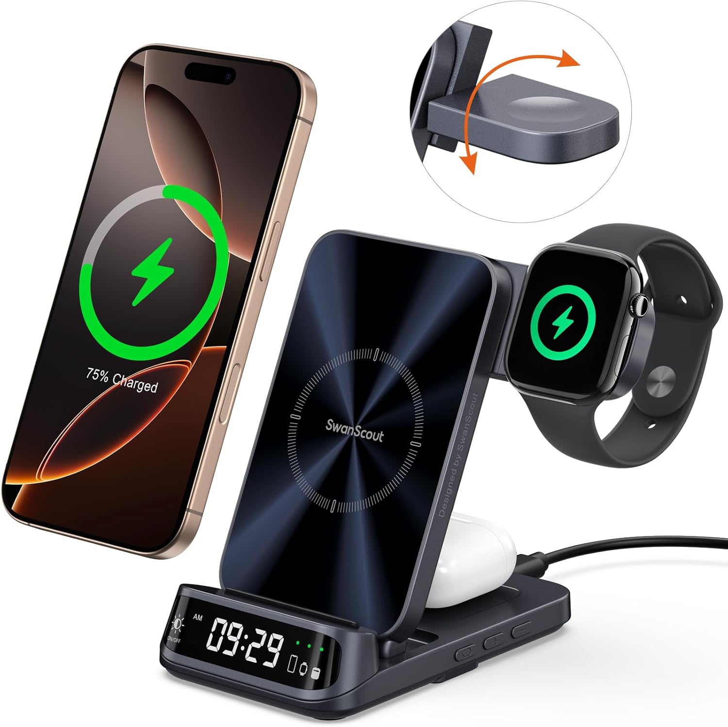 SwanScout Wireless Charging Station - 3-in-1 Apple Charger