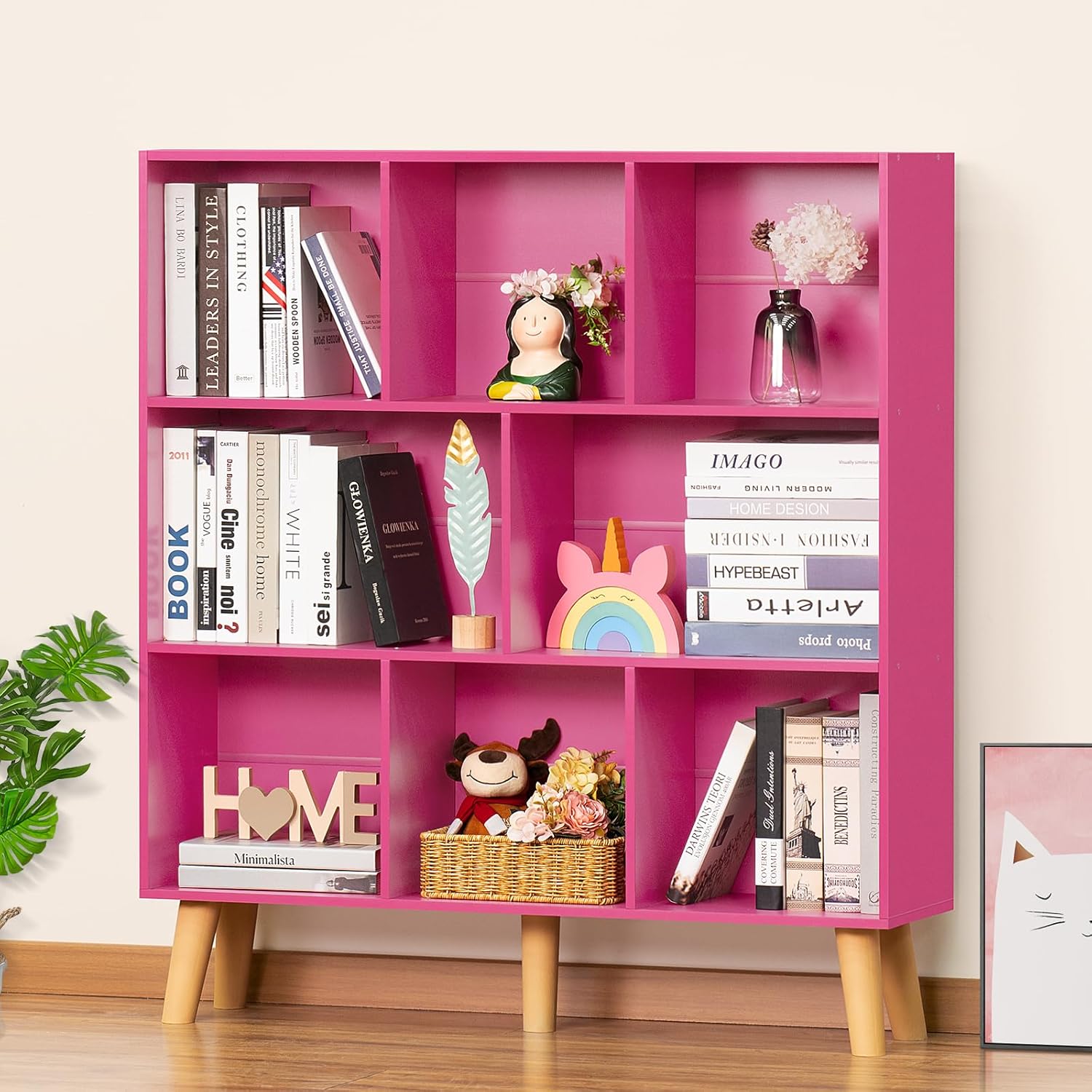 LEYAOYAO 3 Tier Pink Modern Bookshelf for Large Storage Needs