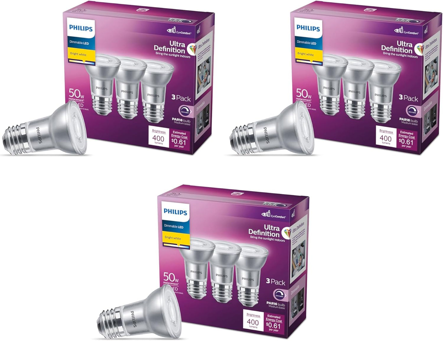 PHILIPS LED 50W PAR16 9-Pack Ultra Definition Bright White Bulbs