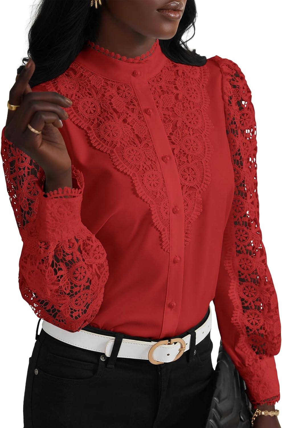 Elegant Women's Lace Crochet Mock Neck Long Sleeve Blouse Top