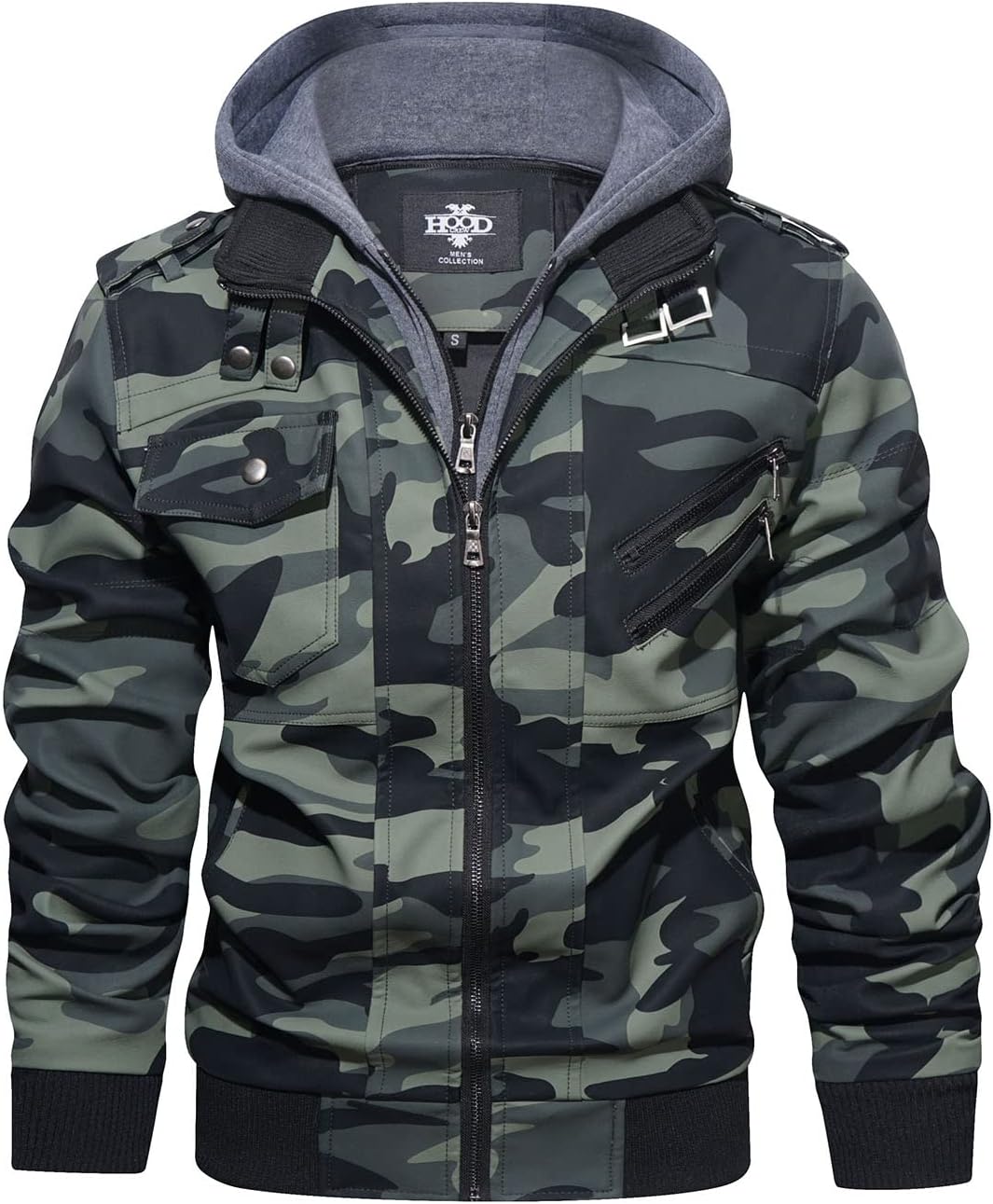 HOOD CREW Mens Casual Stand Collar PU Faux Leather Jacket