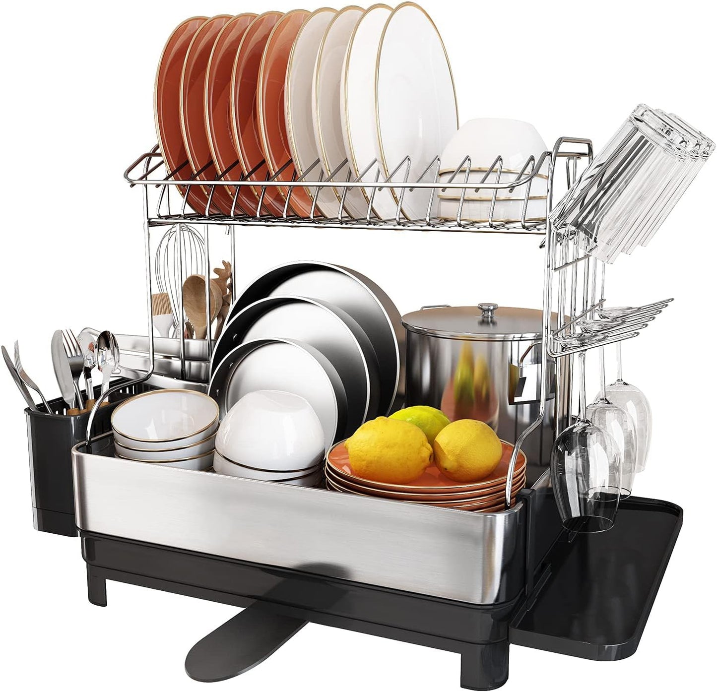 Large 2 Tier Dish Rack and Drainboard Set for Kitchen Use