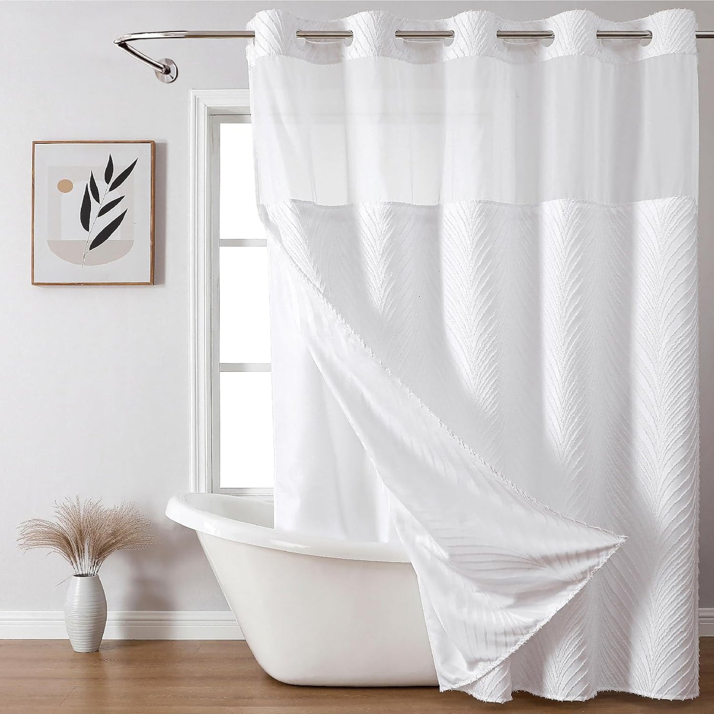 Long No Hook Shower Curtain and Liner Set for Boho Style Bathrooms
