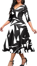Women's Casual Wrap Flared Midi Dress - V-Neck A-Line Fit